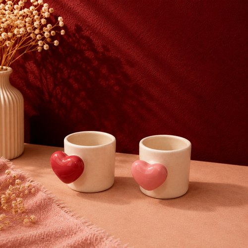 Ceramic mug duo with red and pink sculpted 3D hearts, matching set
