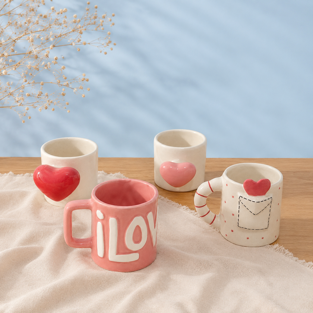 Set of four ceramic heart-themed mugs — sculpted hearts, embossed text, and envelope design
