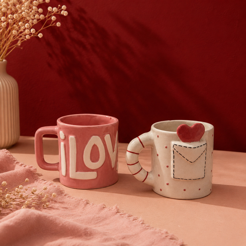 Ceramic mug set of two — pink embossed "I love you" mug and cream envelope heart mug
