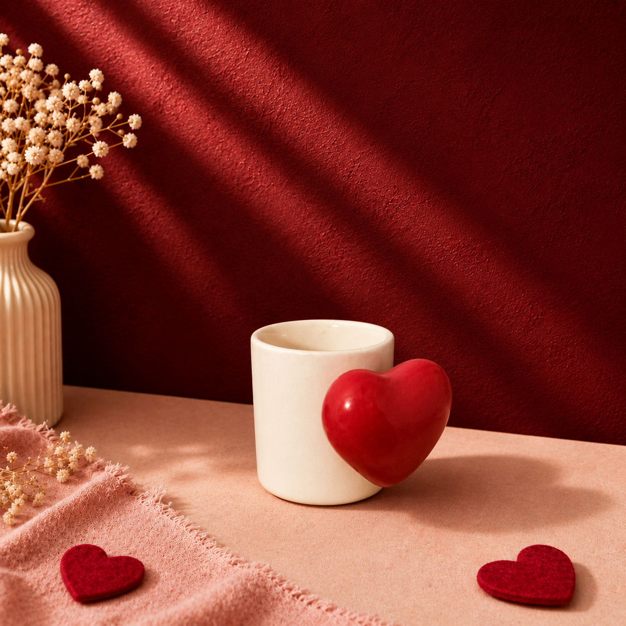 Cream ceramic mug with oversized sculpted 3D heart accent on the side
