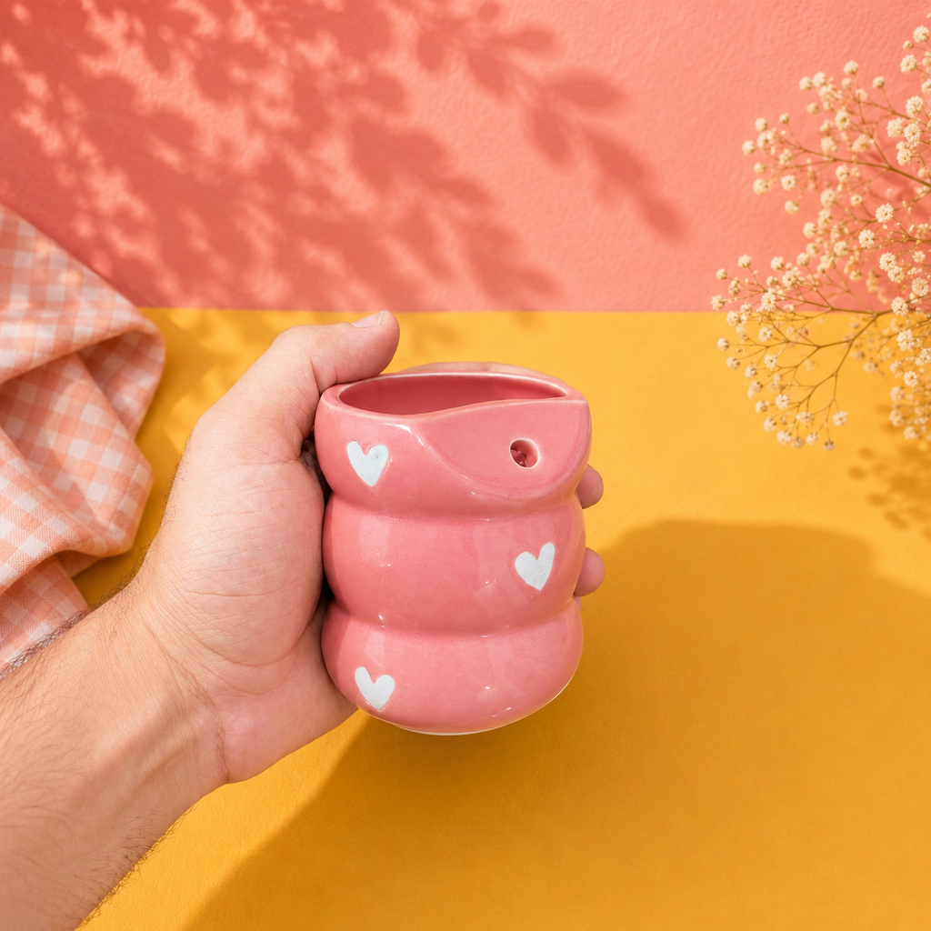 Pink Heart Ceramic Tumbler – Cute Bubble Coffee Cup