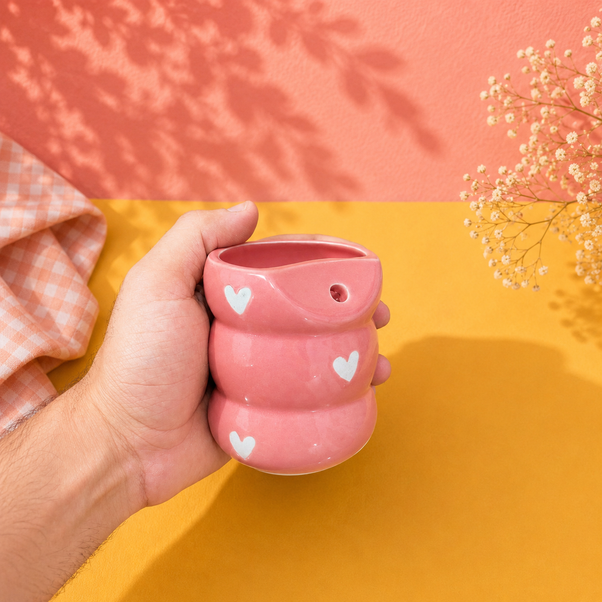 Pink Heart Ceramic Tumbler – Cute Bubble Coffee Cup