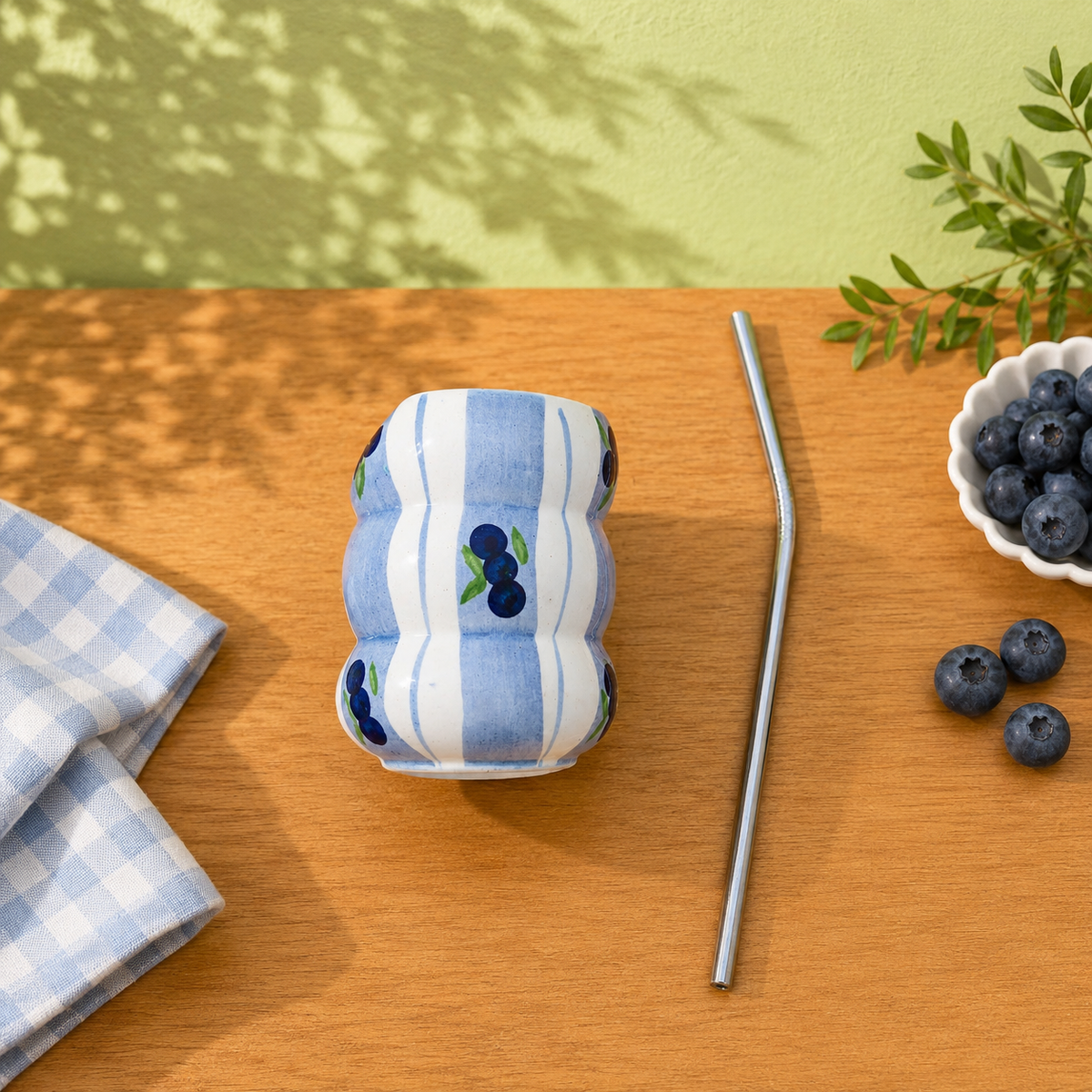 Blueberry Gingham Ceramic Tumbler – Bubble Coffee Cup