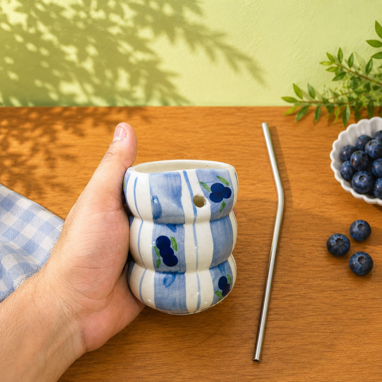 Blueberry Gingham Ceramic Tumbler – Bubble Coffee Cup