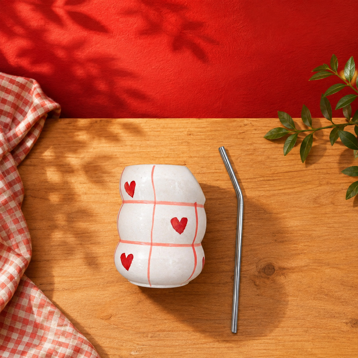 Red Gingham Heart Ceramic Tumbler – Cottagecore Cup