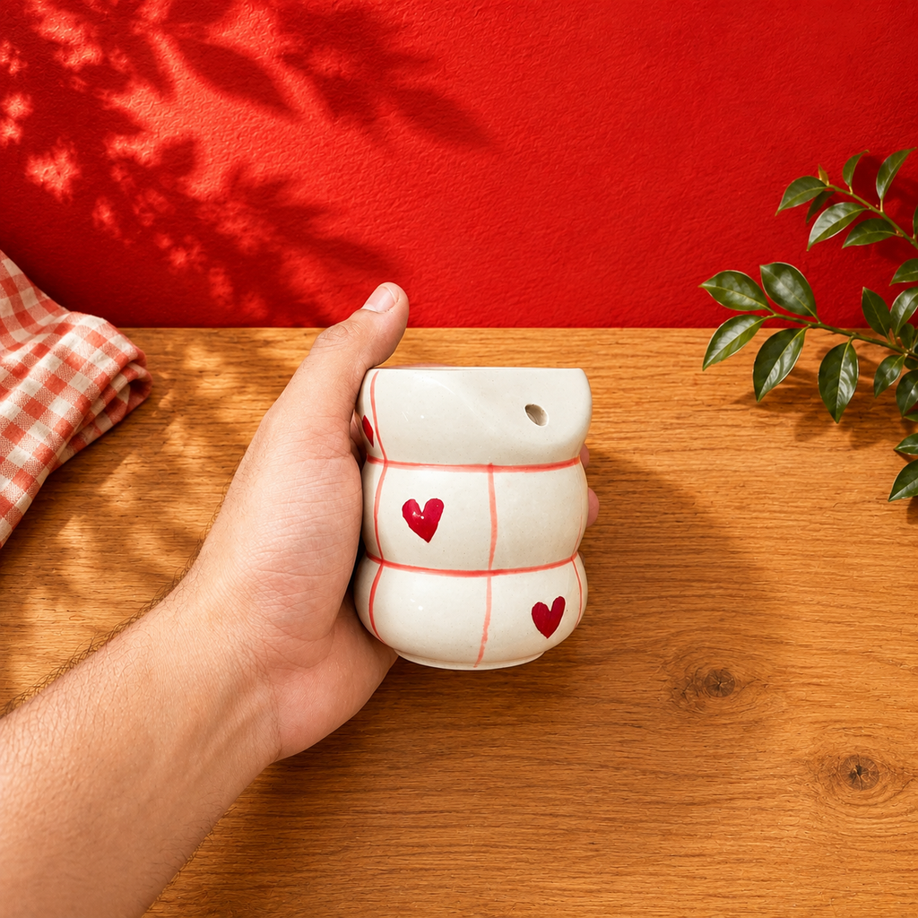 Red Gingham Heart Ceramic Tumbler – Cottagecore Cup