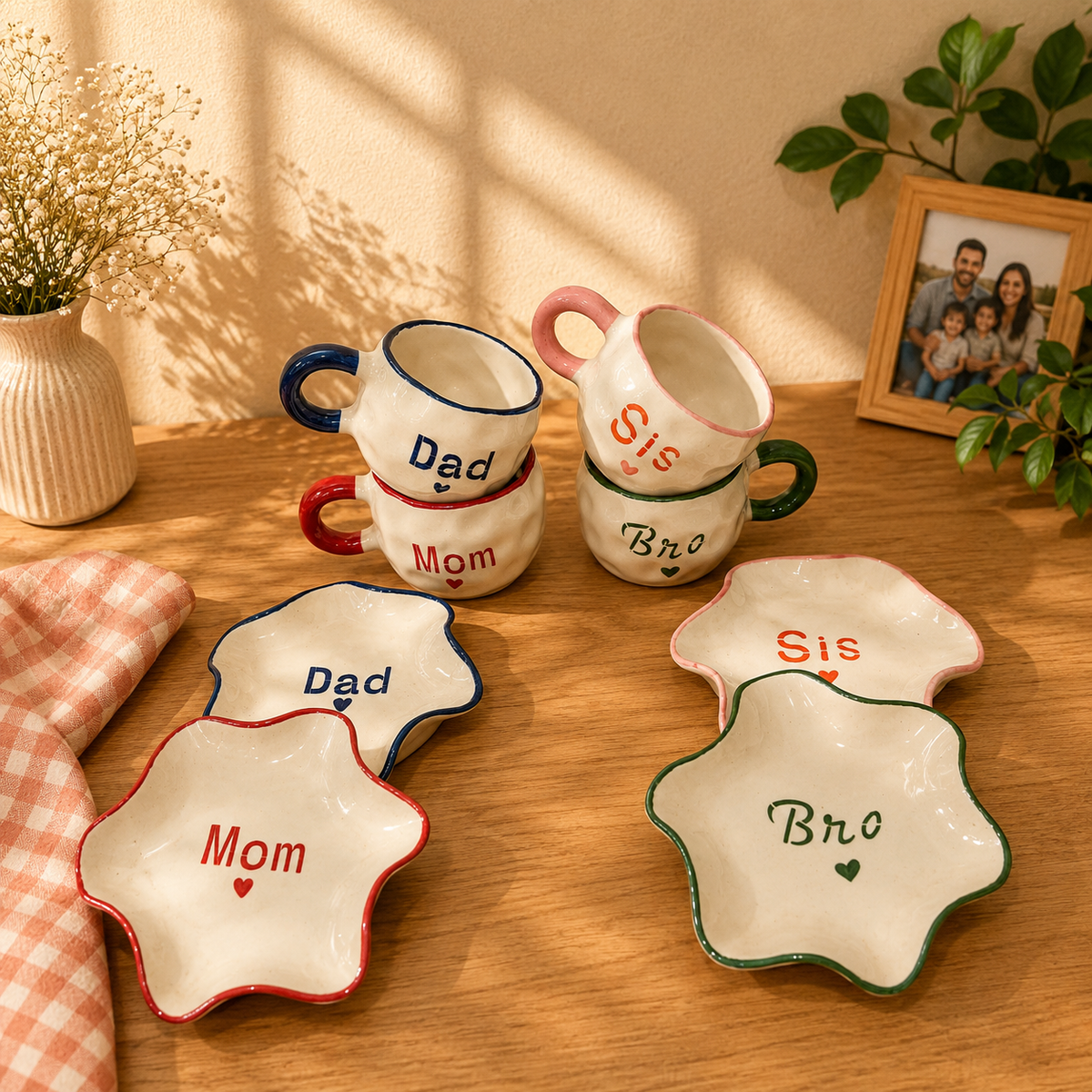 Ceramic Family Mug & Saucer Set of 4 – Mom Dad Sis Bro
