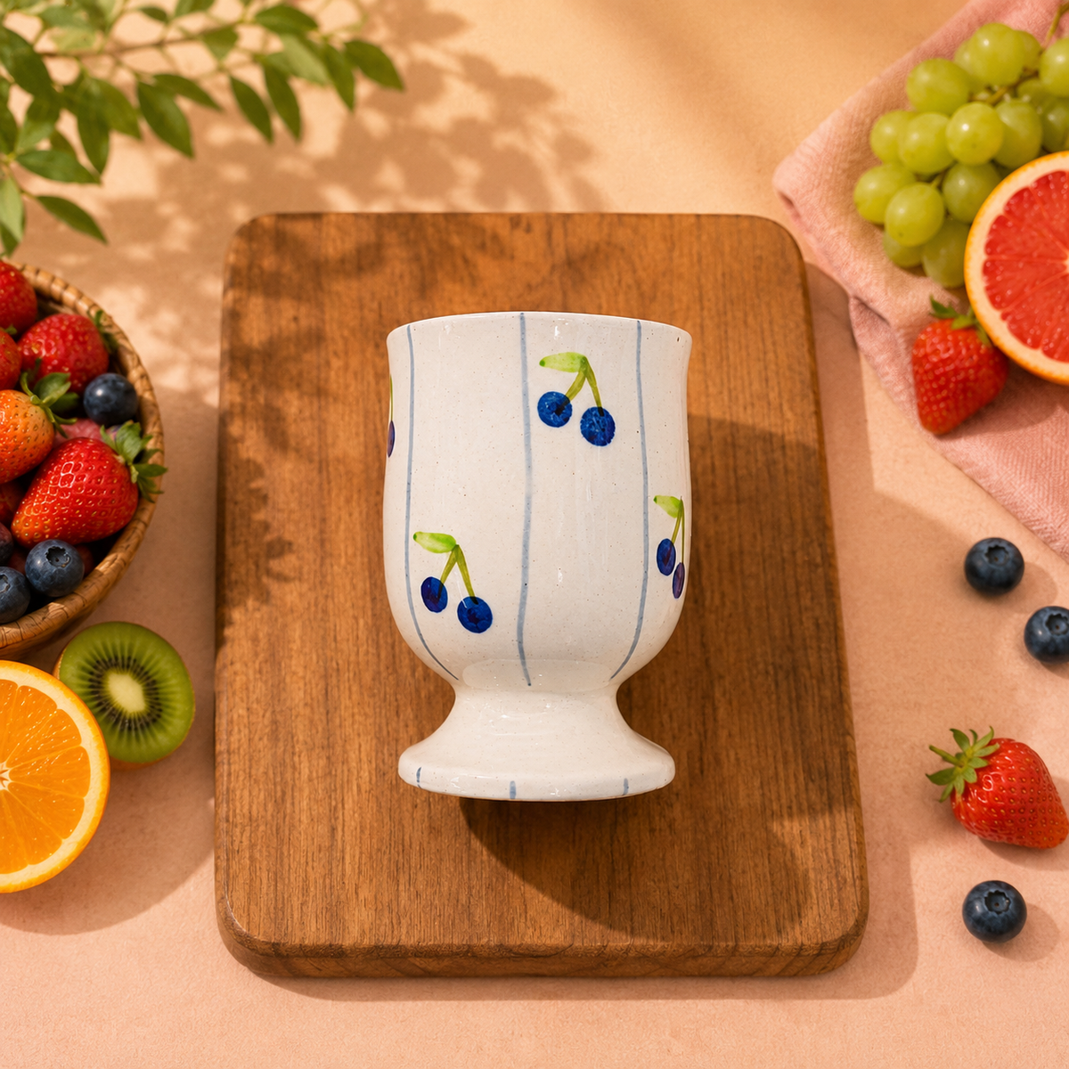 Cute Blueberry Mug – Hand-Painted Ceramic Pedestal Cup
