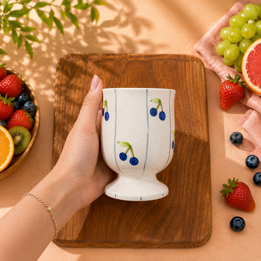 Cute Blueberry Mug – Hand-Painted Ceramic Pedestal Cup