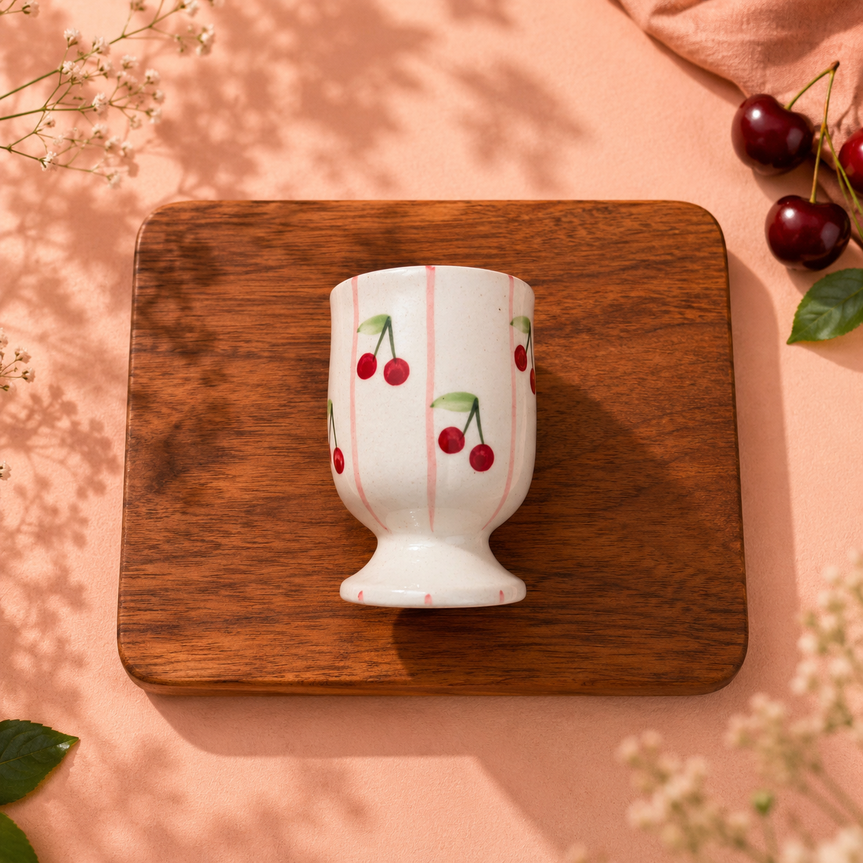 Cute Cherry Mug – Hand-Painted Ceramic Pedestal Cup
