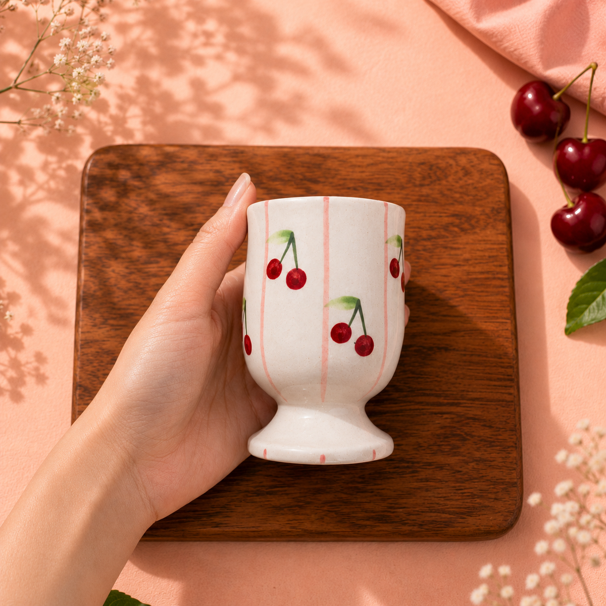 Cute Cherry Mug – Hand-Painted Ceramic Pedestal Cup