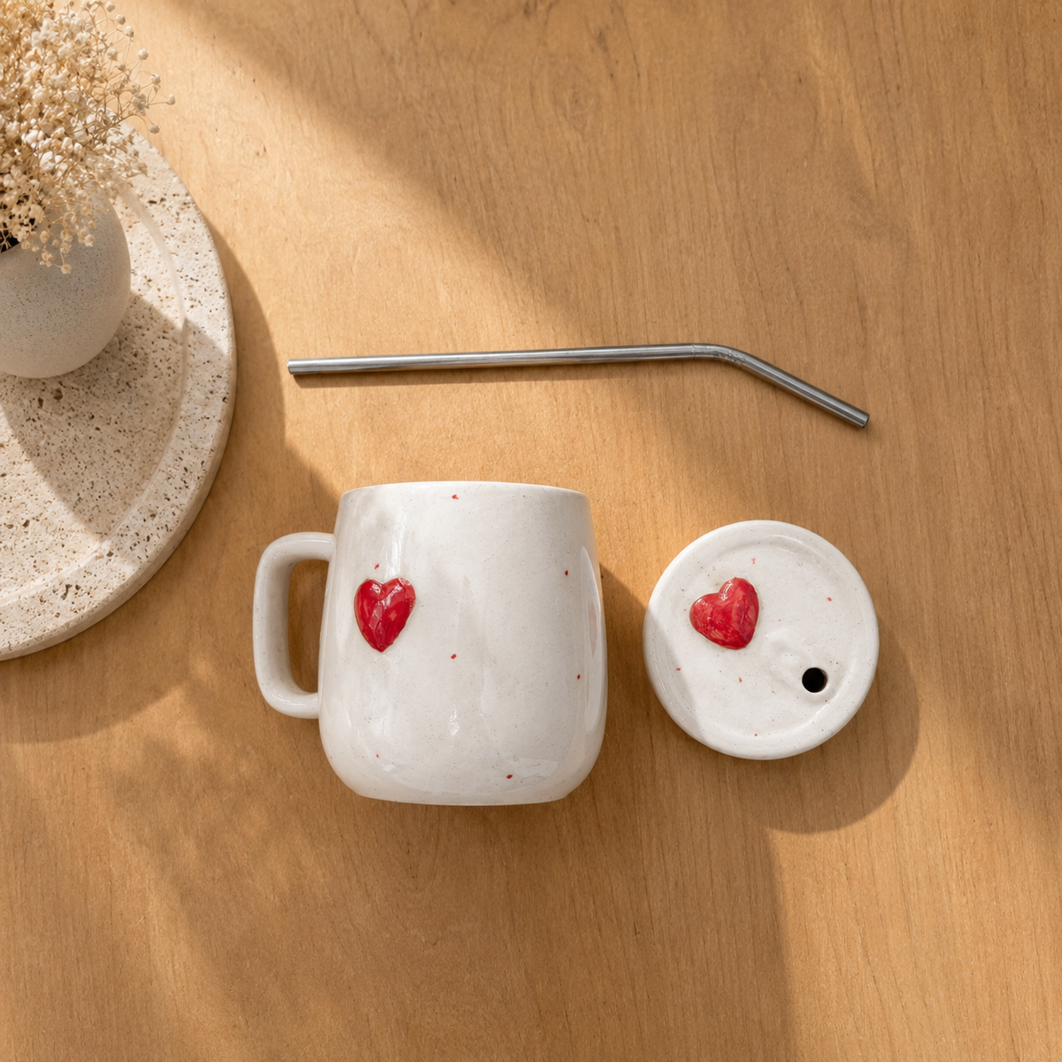Heart Mug with Lid and Straw – Cute Ceramic Coffee Cup