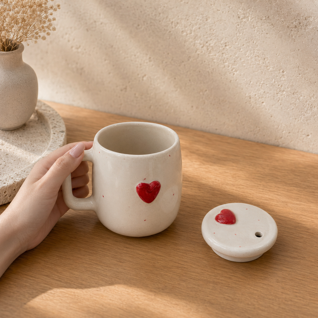 Heart Mug with Lid and Straw – Cute Ceramic Coffee Cup