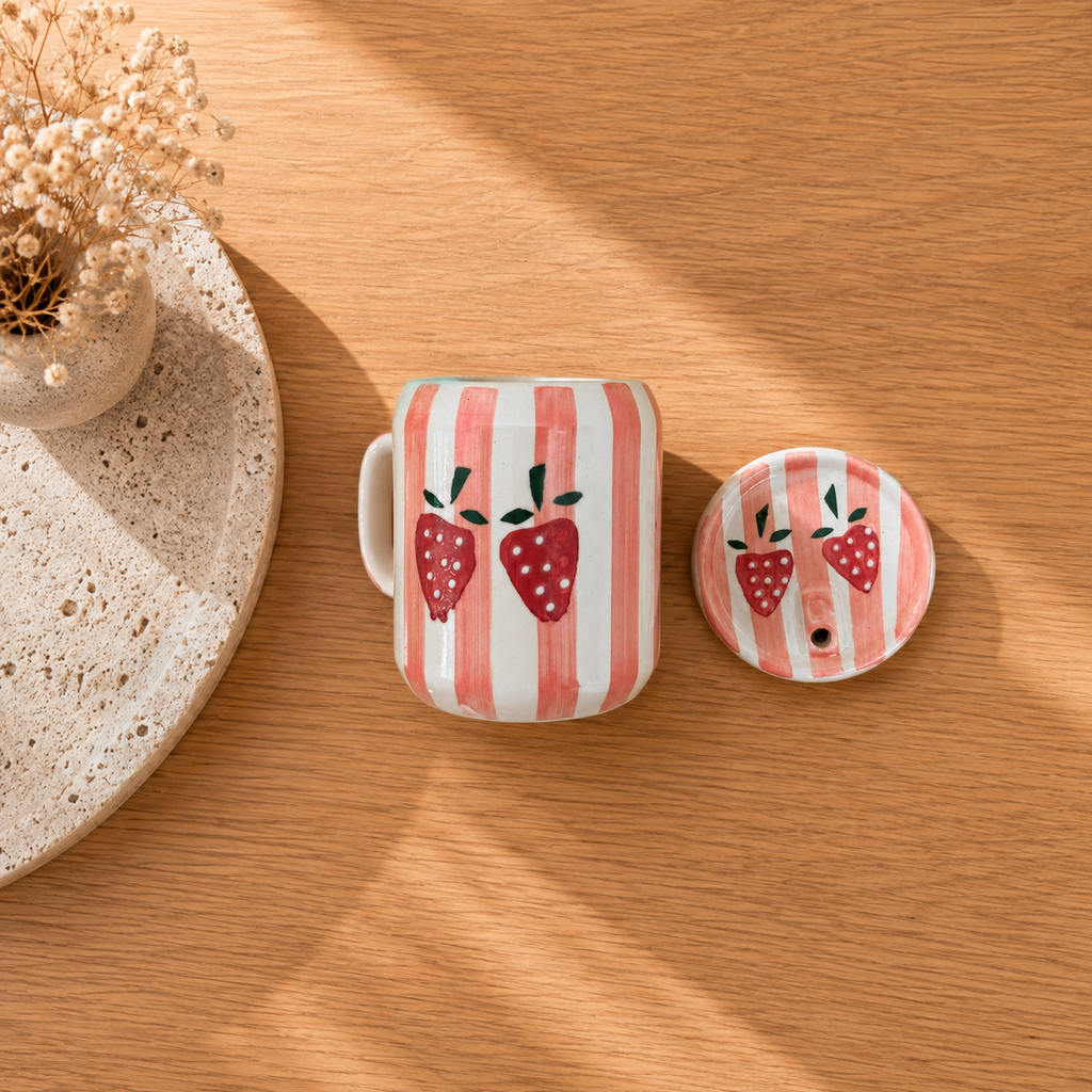 Strawberry Mug with Lid and Straw – Cute Ceramic Cup