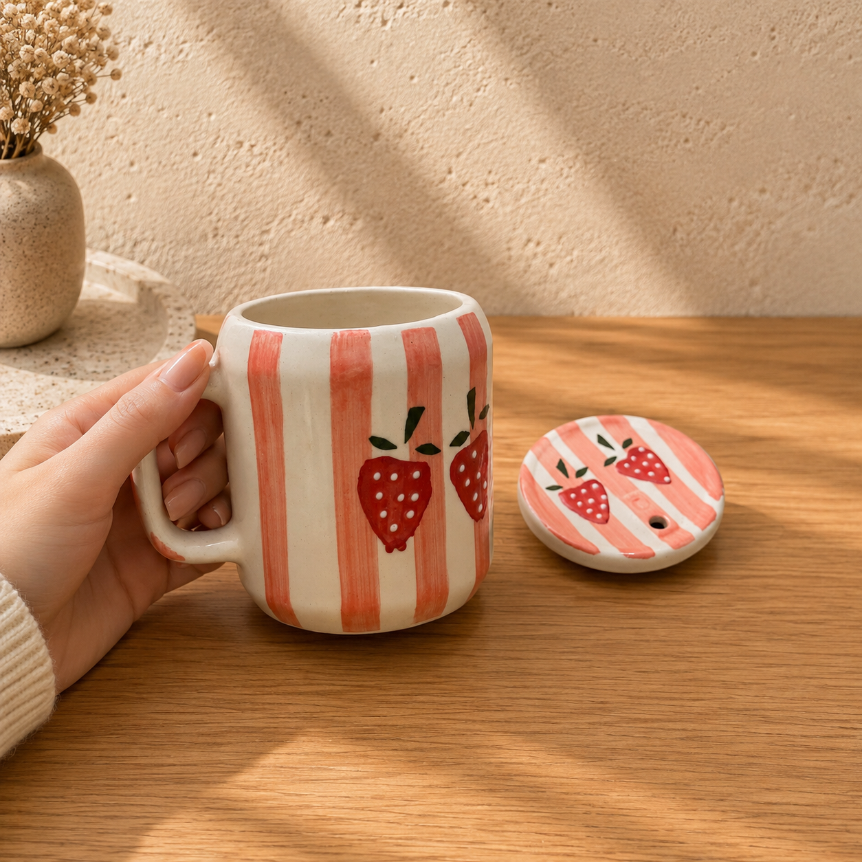Strawberry Mug with Lid and Straw – Cute Ceramic Cup