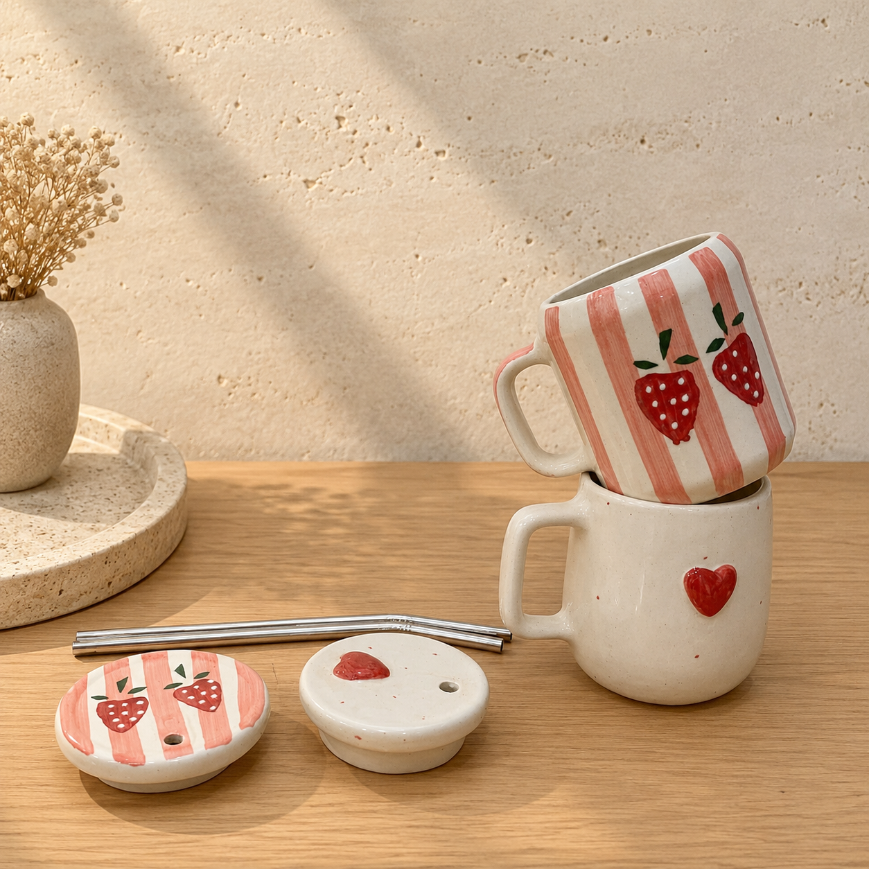 Cute Mug Set of 2 – Strawberry & Heart Mugs with Straws