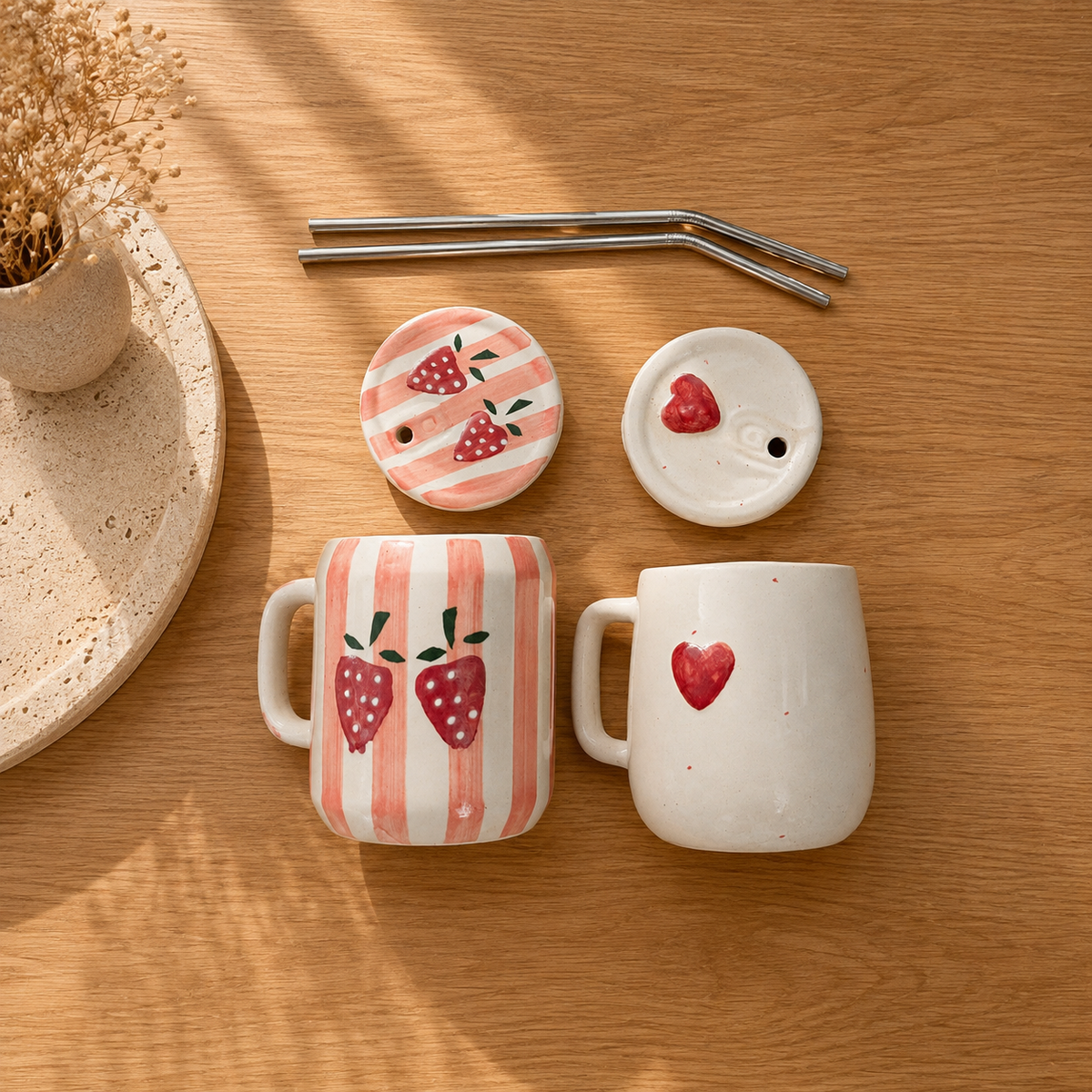 Cute Mug Set of 2 – Strawberry & Heart Mugs with Straws