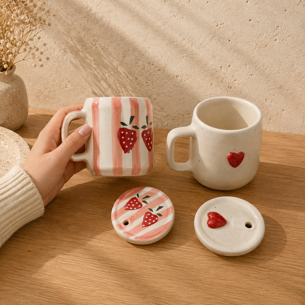 Cute Mug Set of 2 – Strawberry & Heart Mugs with Straws
