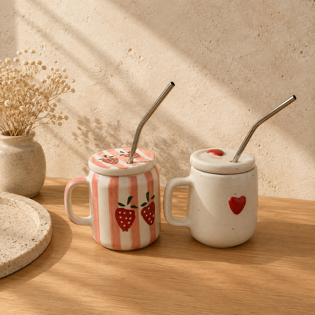 Cute Mug Set of 2 – Strawberry & Heart Mugs with Straws