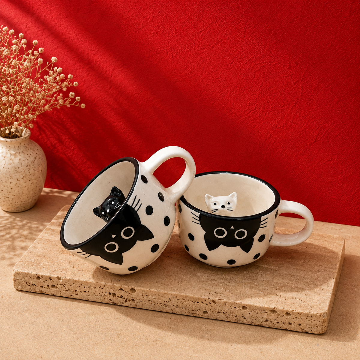 Black & White Cat Mugs – Set of 2 with 3D Cats Inside