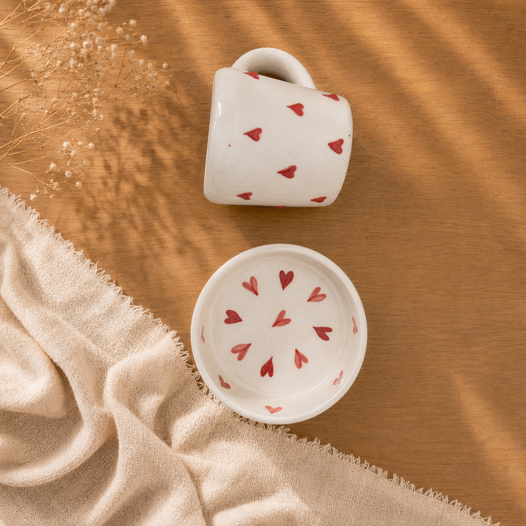 Handpainted Ceramic Scattered Heart Mug & Bowl Set