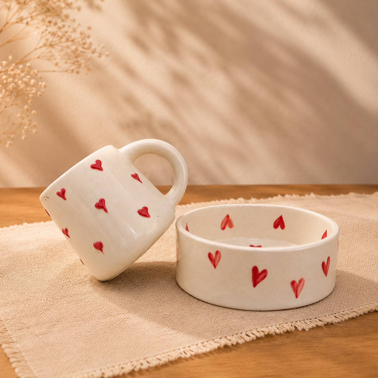 Handpainted Ceramic Scattered Heart Mug & Bowl Set
