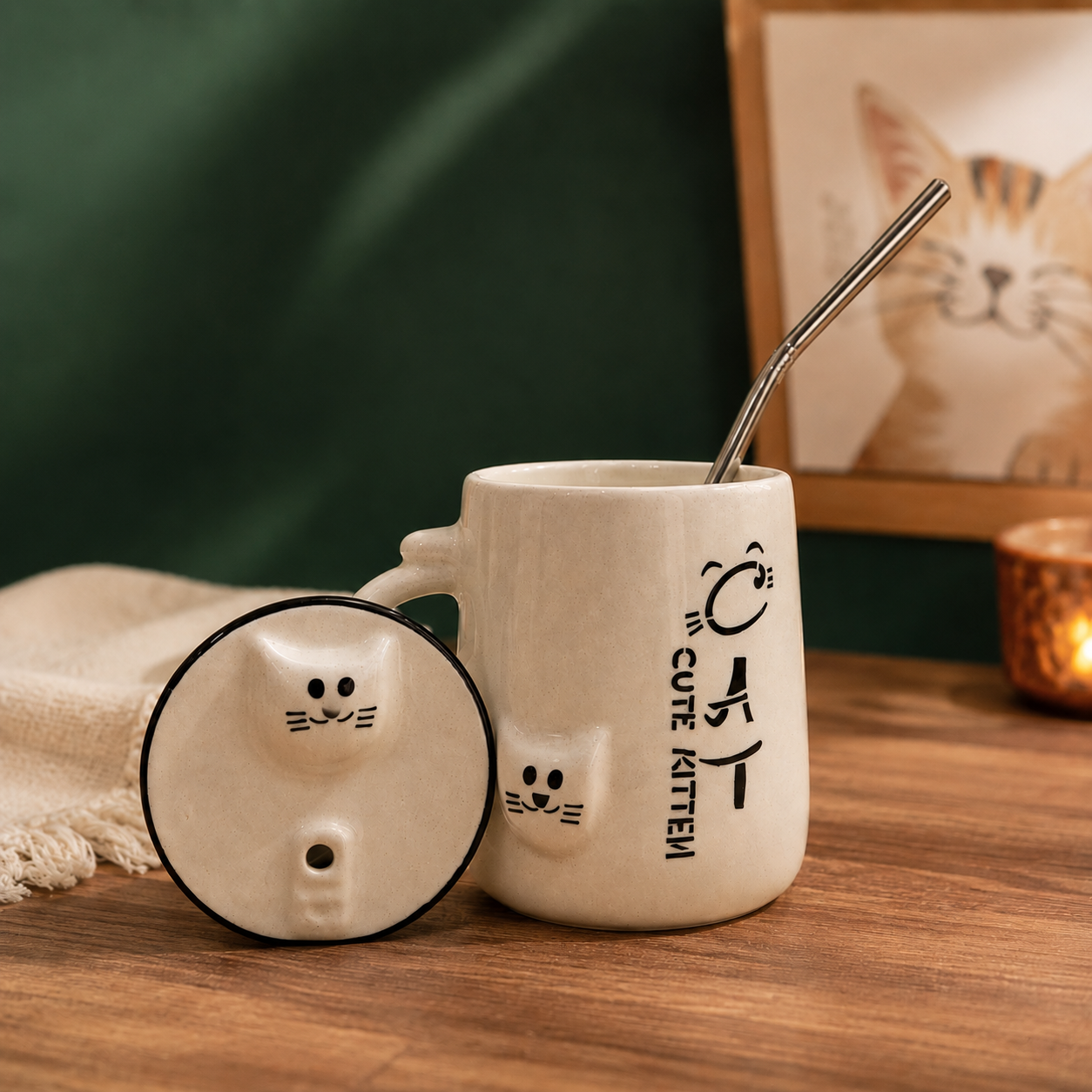 Cute Cat Ceramic Sipper Mug with Straw | Ghar Vibes