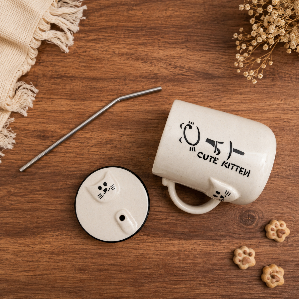 Cute Cat Ceramic Sipper Mug with Straw | Ghar Vibes