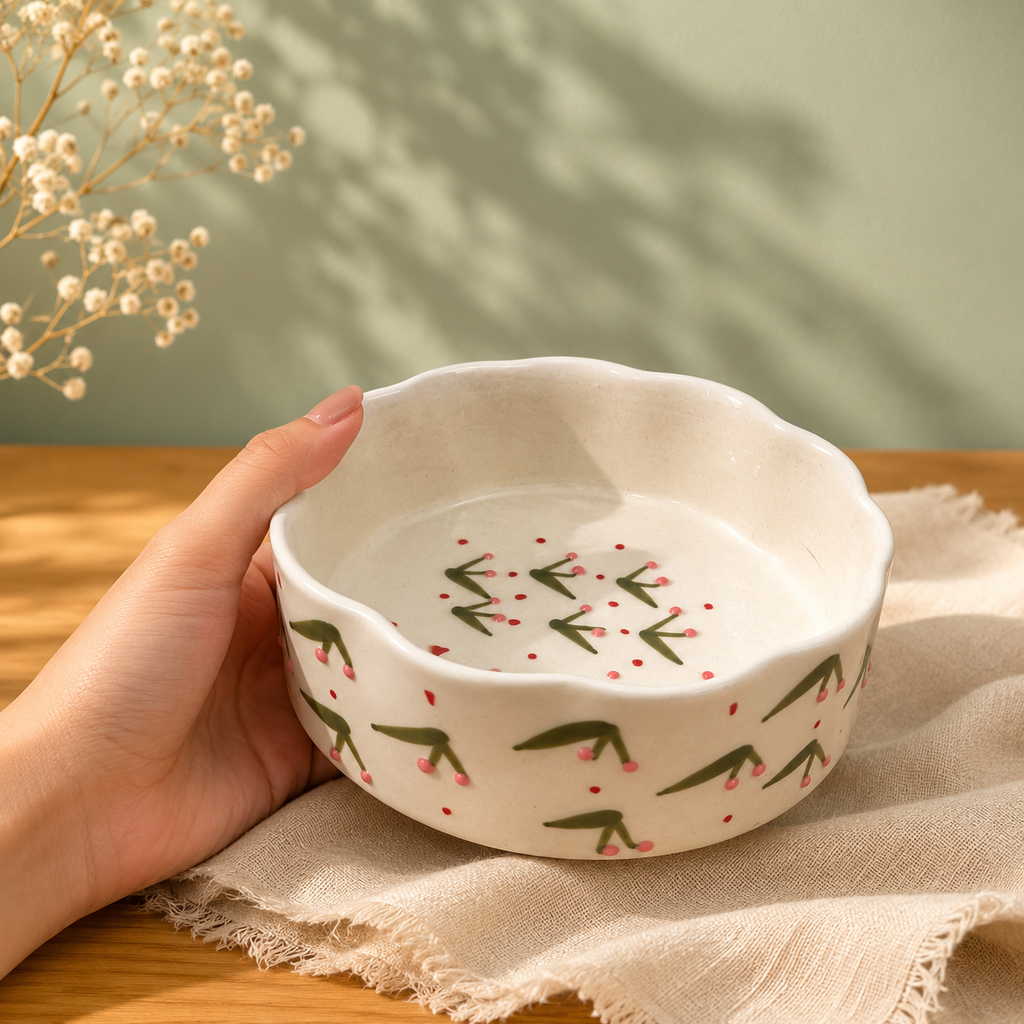 Handpainted Ceramic Cherry Mug & Scalloped Bowl Set