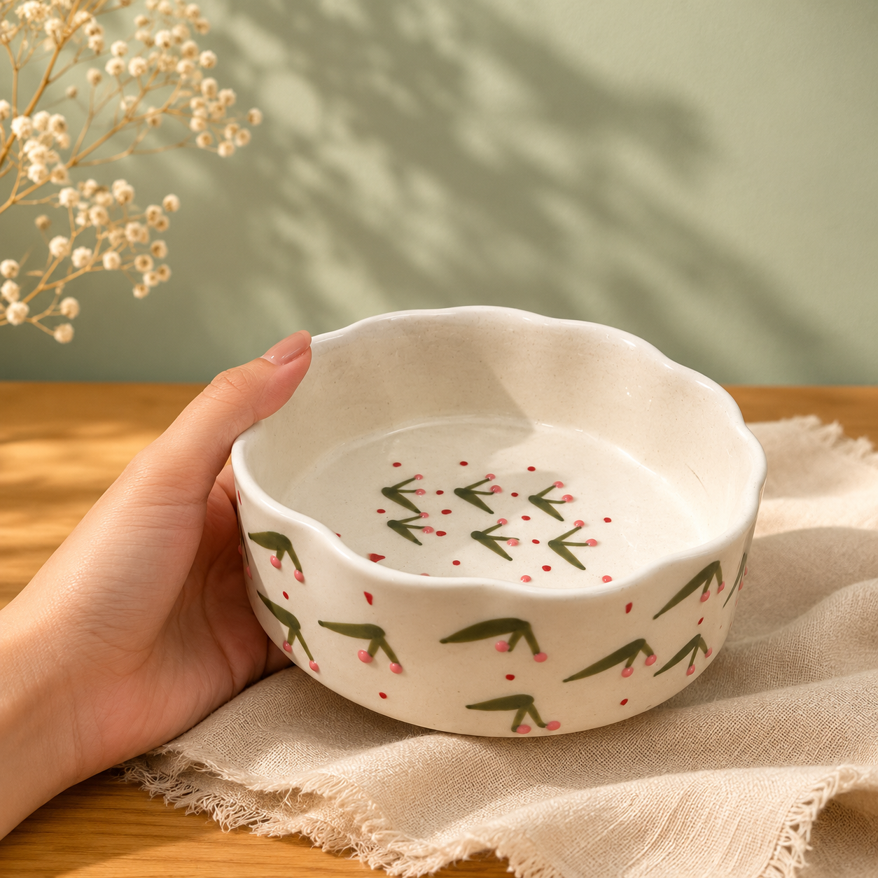 Handpainted Ceramic Cherry Mug & Scalloped Bowl Set