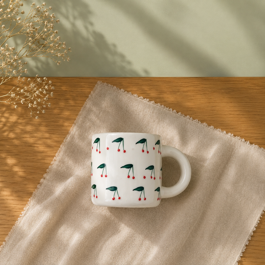 Handpainted Ceramic Cherry Print Coffee Mug