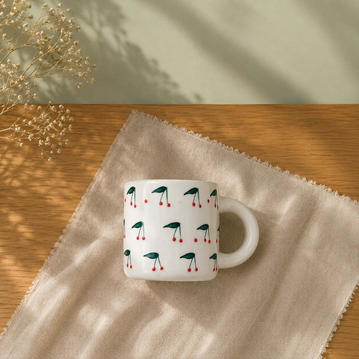 Handpainted Ceramic Cherry Print Coffee Mug