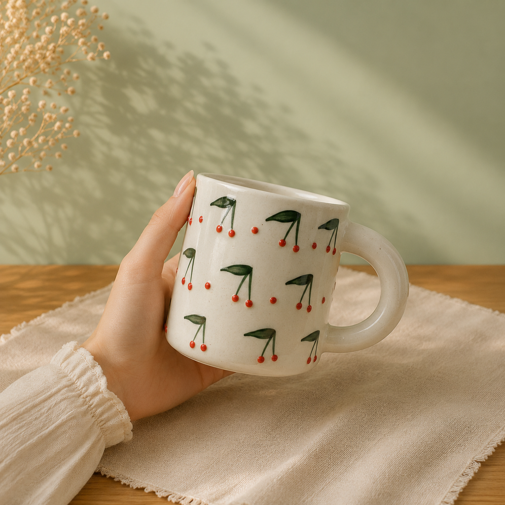 Handpainted Ceramic Cherry Mug & Scalloped Bowl Set