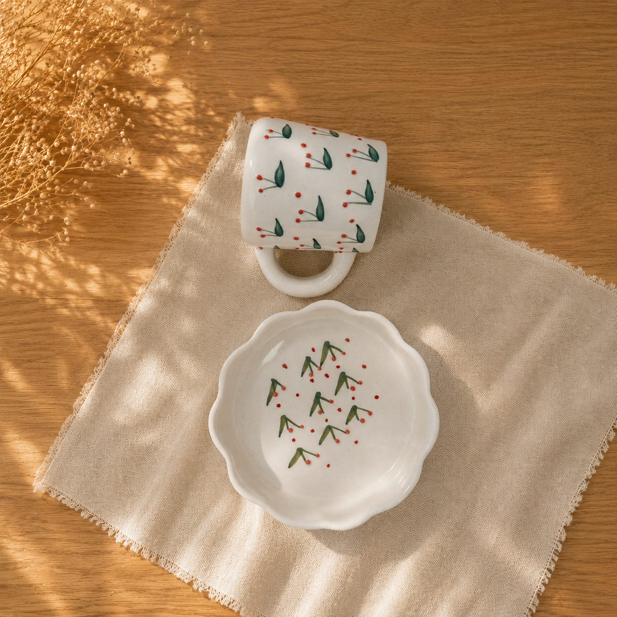 Handpainted Ceramic Cherry Mug & Scalloped Bowl Set