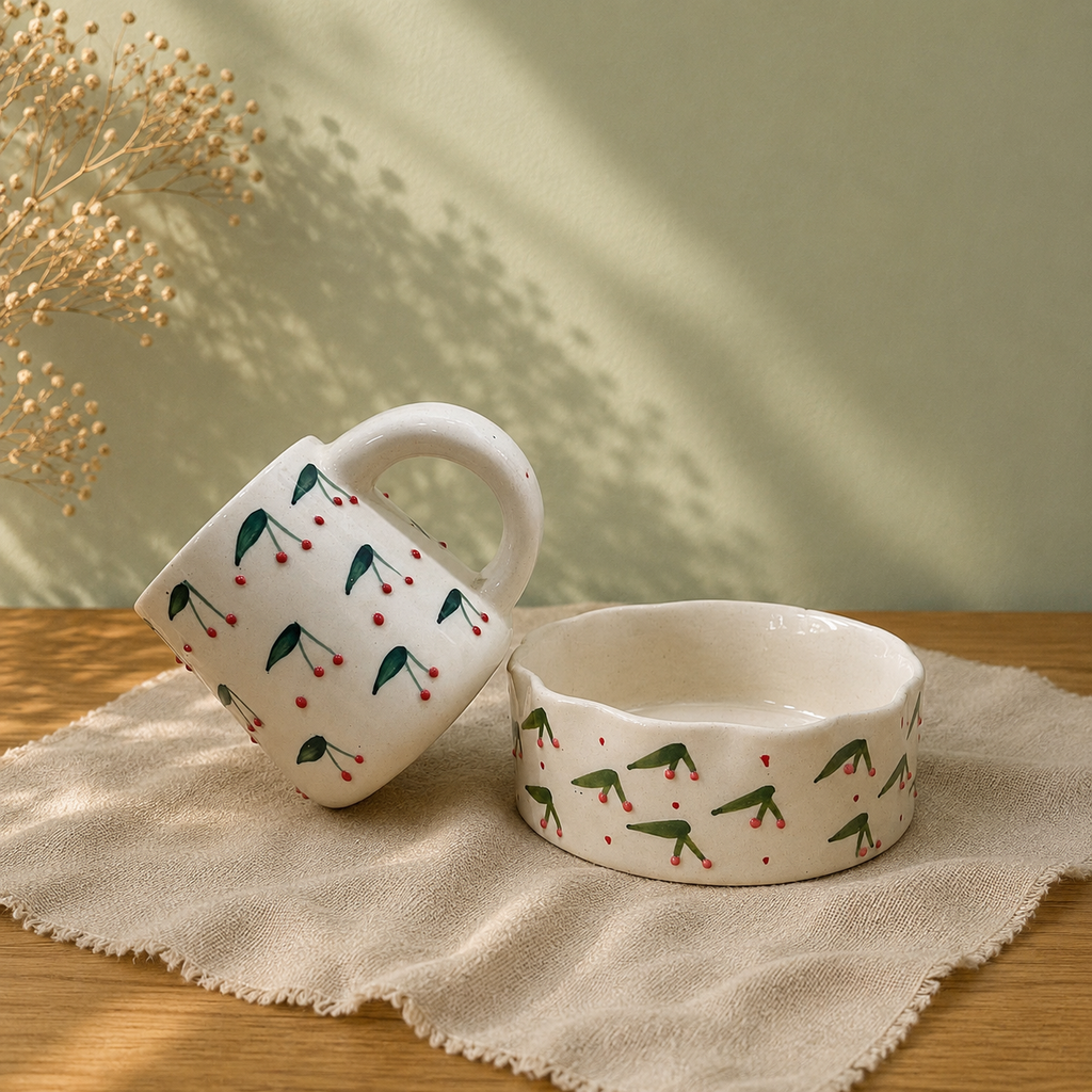 Handpainted Ceramic Cherry Mug & Scalloped Bowl Set