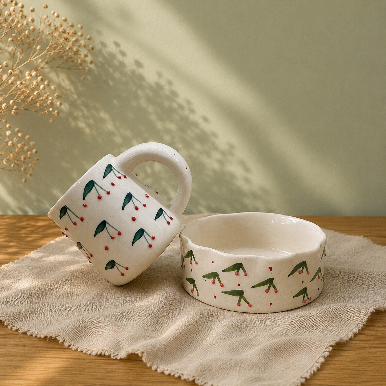 Handpainted Ceramic Cherry Mug & Scalloped Bowl Set