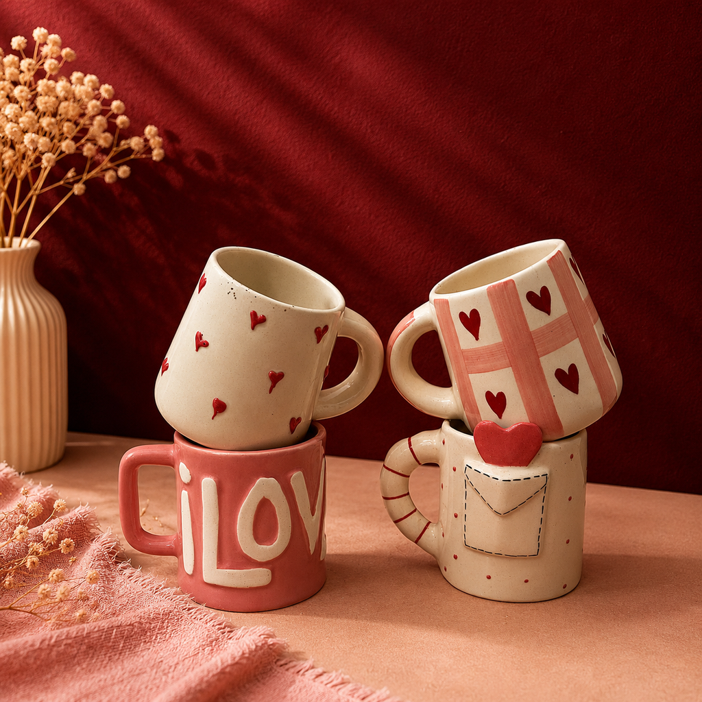 Heart Print Ceramic Mug Collection — Set of 4