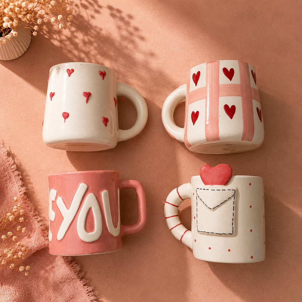 Heart Print Ceramic Mug Collection — Set of 4