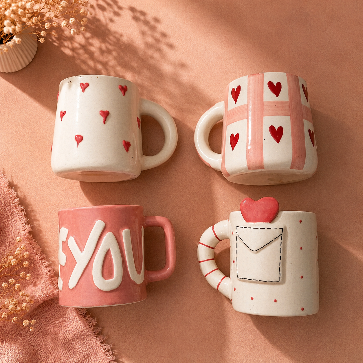 Heart Print Ceramic Mug Collection — Set of 4