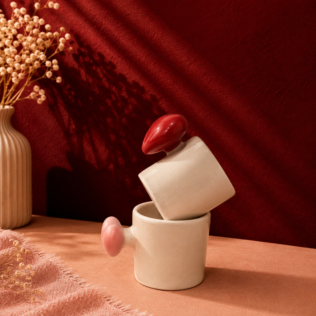 Ceramic 3D Heart Mug Set of 2 — Red & Pink