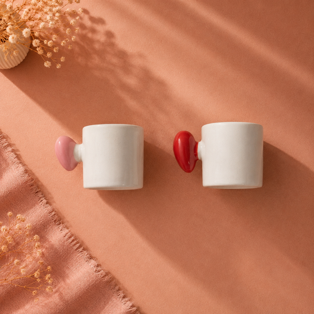 Ceramic 3D Heart Mug Set of 2 — Red & Pink