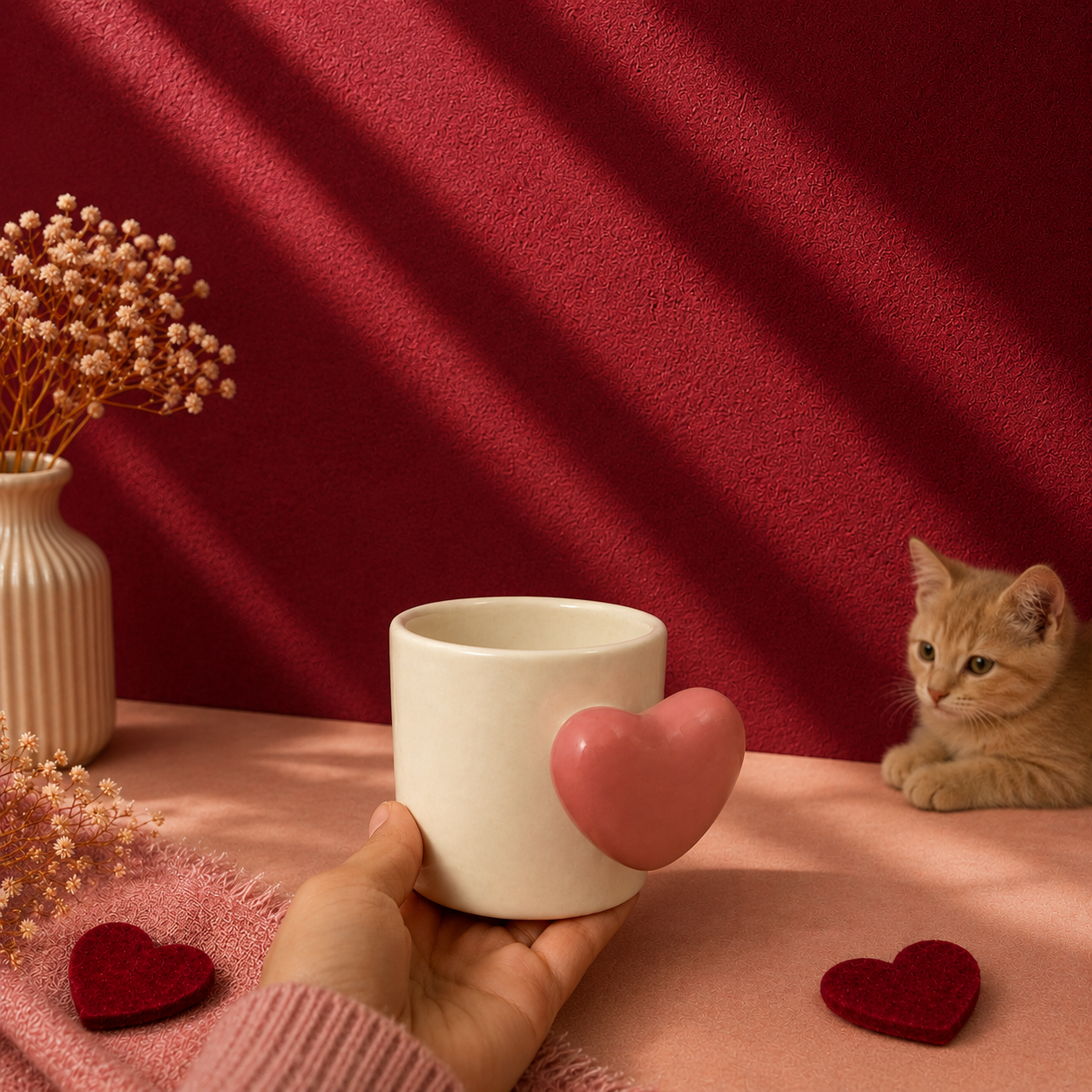 Cream Ceramic Mug with Pink 3D Heart Accent