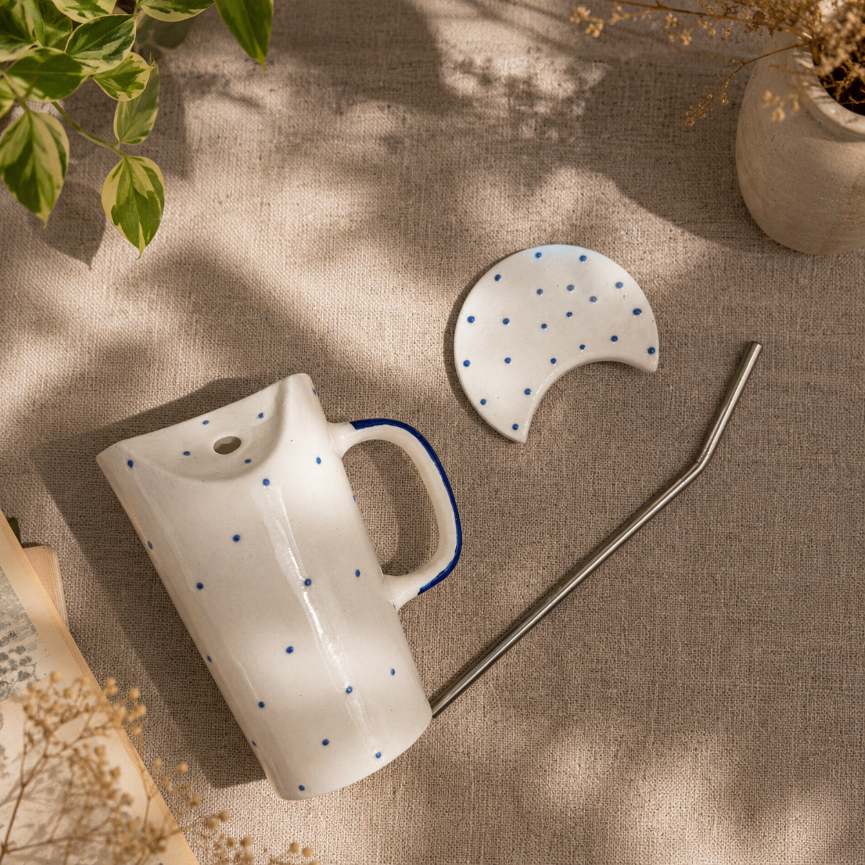 Blue Polka Dot Ceramic Sipper Mug with Straw | Ghar Vibes