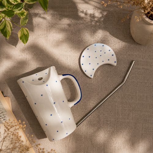 Blue Polka Dot Ceramic Sipper Mug with Straw | Ghar Vibes