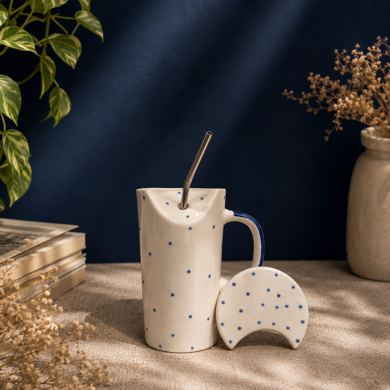 Blue Polka Dot Ceramic Sipper Mug with Straw | Ghar Vibes