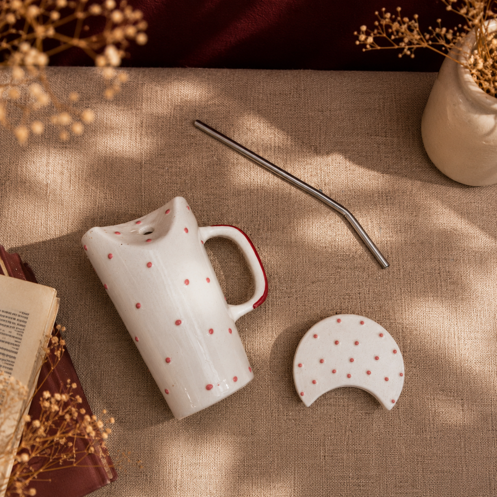 Red Polka Dot Ceramic Sipper Mug with Straw | Ghar Vibes