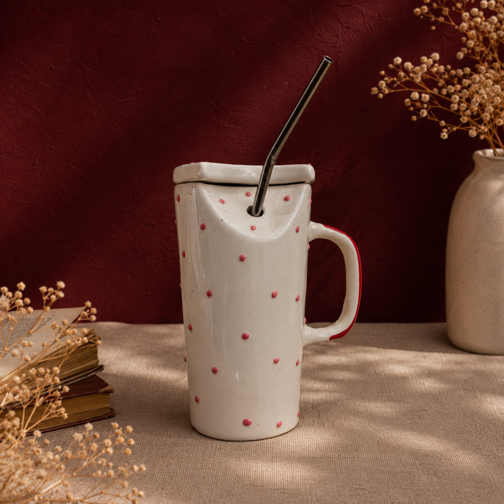 Red Polka Dot Ceramic Sipper Mug with Straw | Ghar Vibes