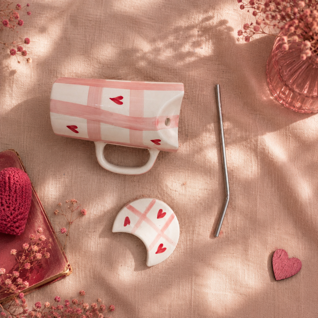 Pink Heart Plaid Ceramic Sipper Mug with Straw | Ghar Vibes