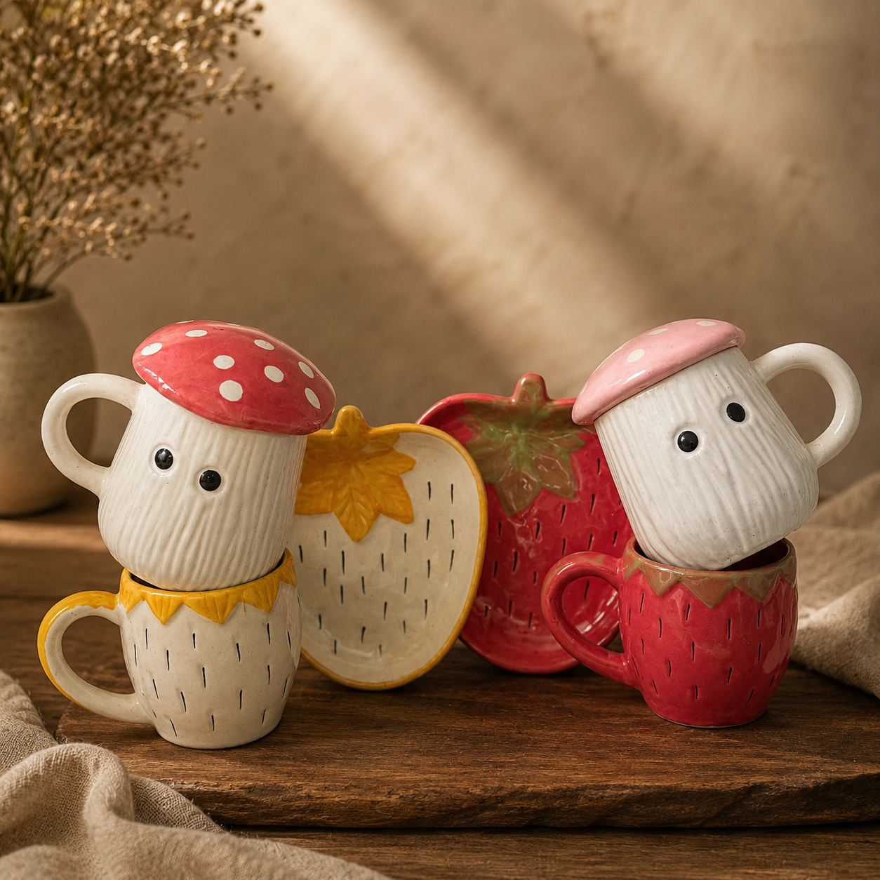 Set of 4 | Mushroom & Strawberry Mug Set |