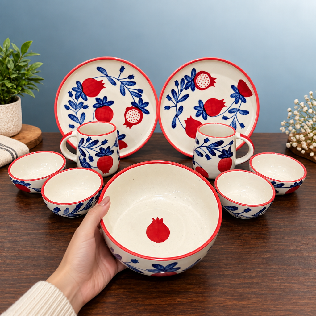 Ceramic Dinner Set for 2 – Handpainted Pomegranate 9 Pcs